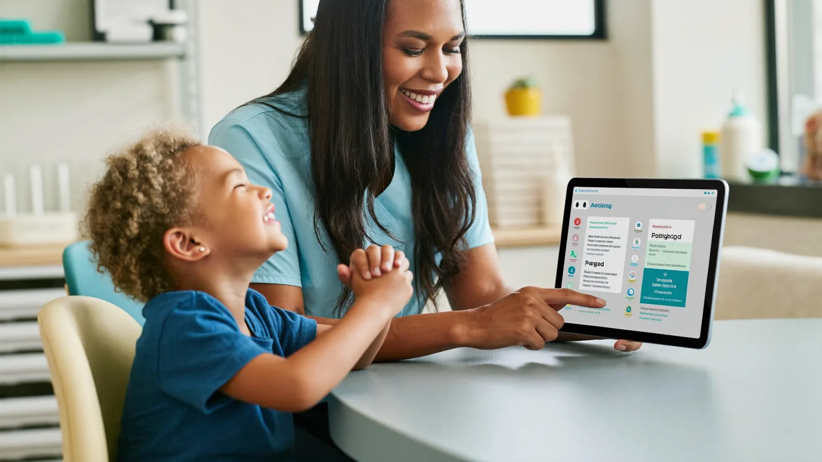 A speech pathologist and a child using Anan side by side