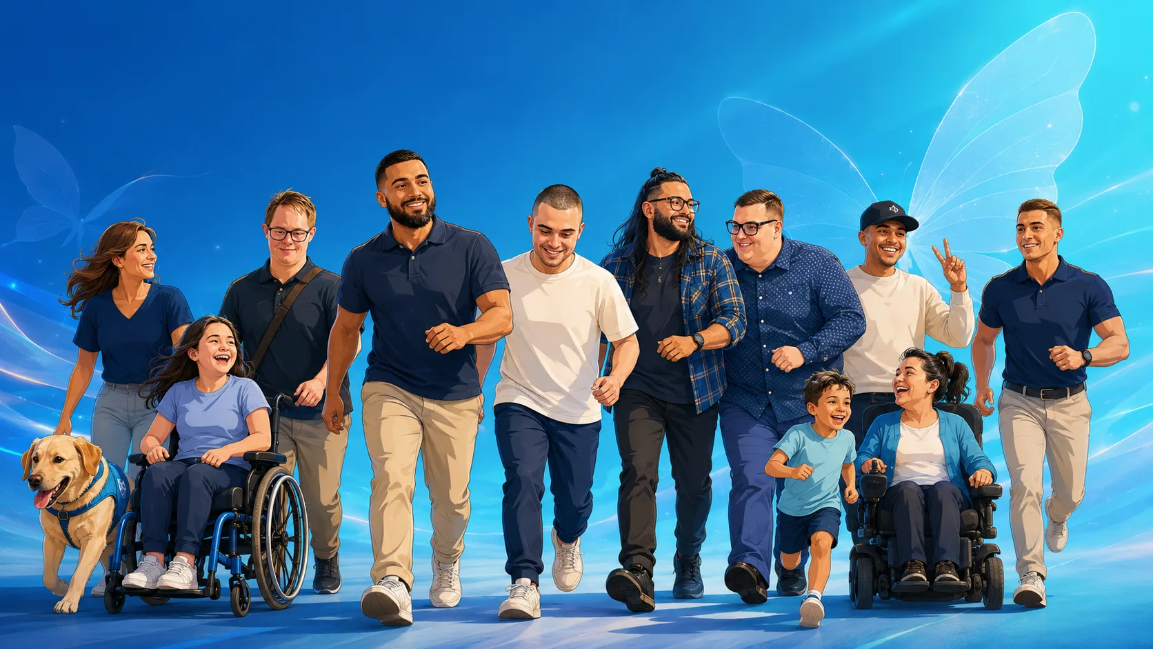 A diverse group of people walking together, including wheelchair users, families and a service dog, against a soft navy backdrop with delicate butterfly silhouettes.